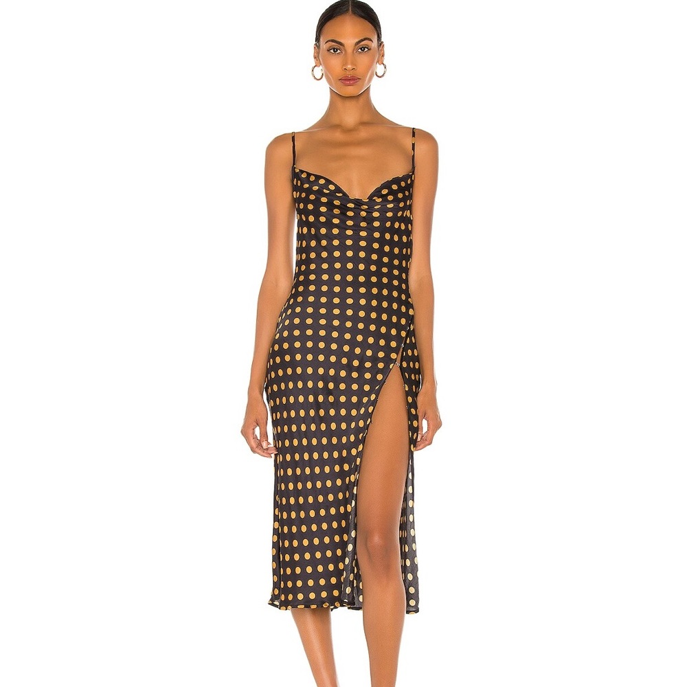 NWT FOR LOVE AND LEMONS Morgan Black and Gold Polka Dot Midi Dress Large